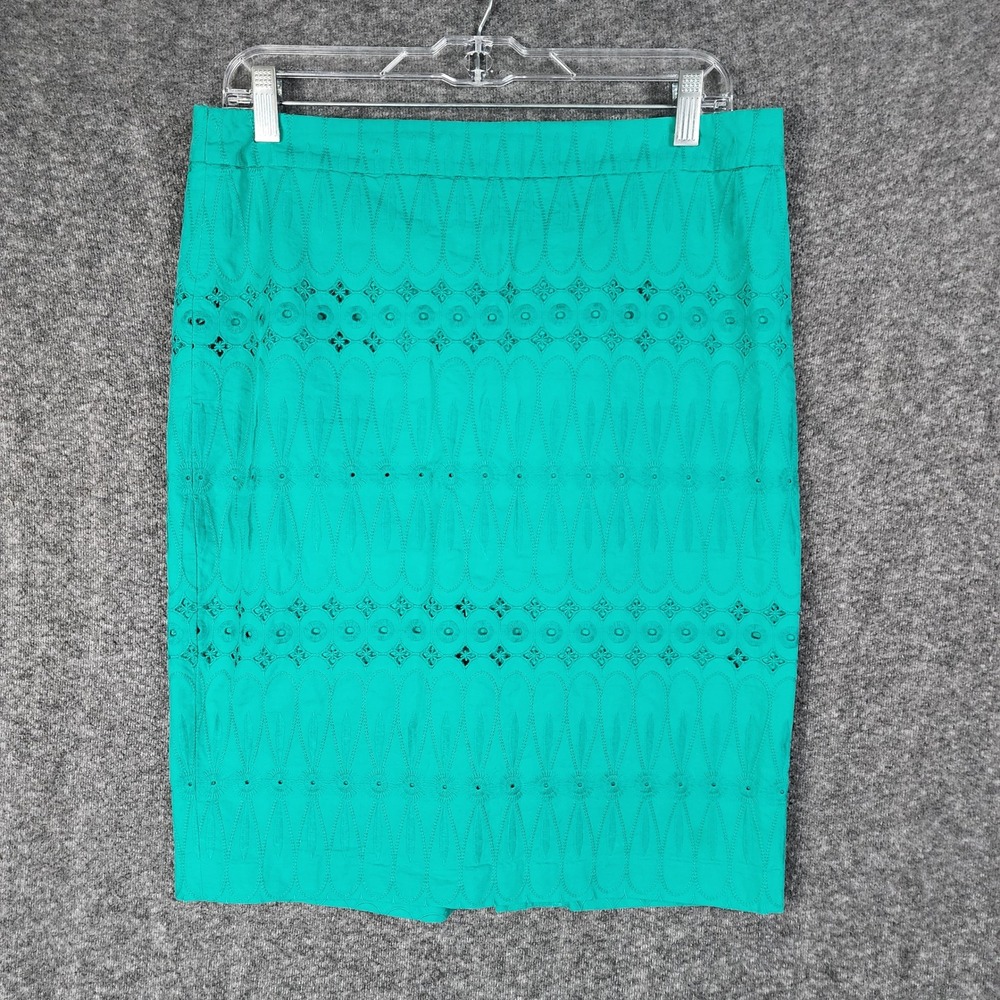Loft Skirt Womens 10 Pencil Teal Green Eyelet Embroidered Cotton EUC